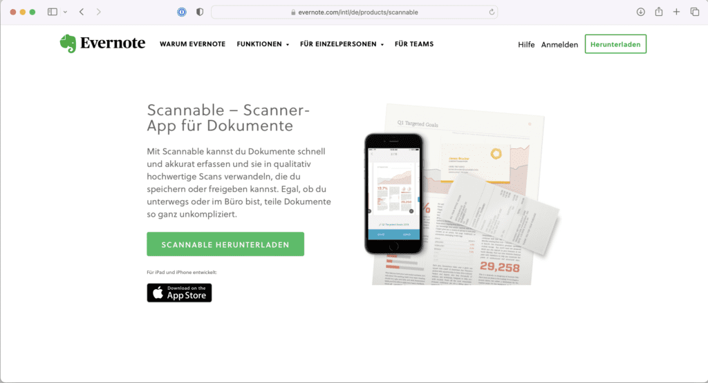 Evernote Scannable Rechnungen Scannen und Verwalten App Website Screenshot