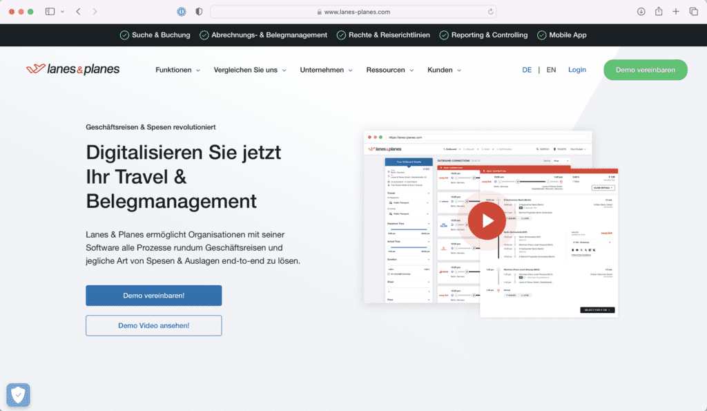 Lanes und Planes Travel und Belegmanagement Screenshot der Website