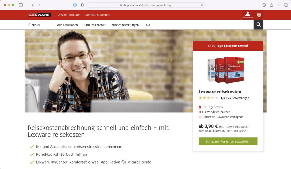 Lexware Reisekostenabrechnung Screenshot der Website