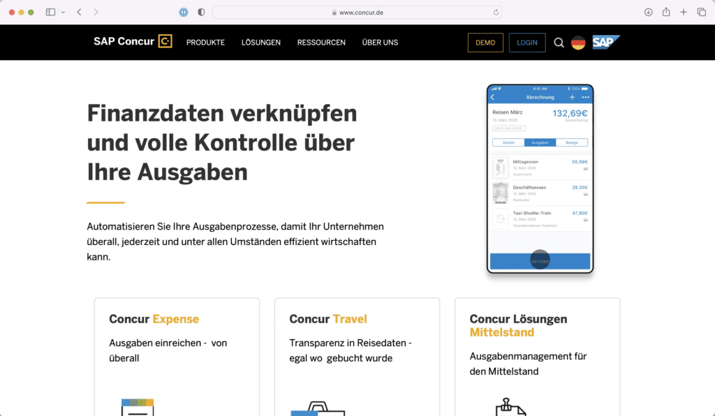 SAP Concur Ausgabenmanagement Screenshot der Website